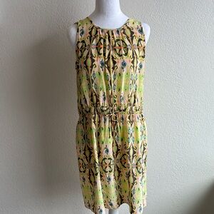 Tibi 100% Silk Sleeveless Light Green Patterned Waist-Tie Dress